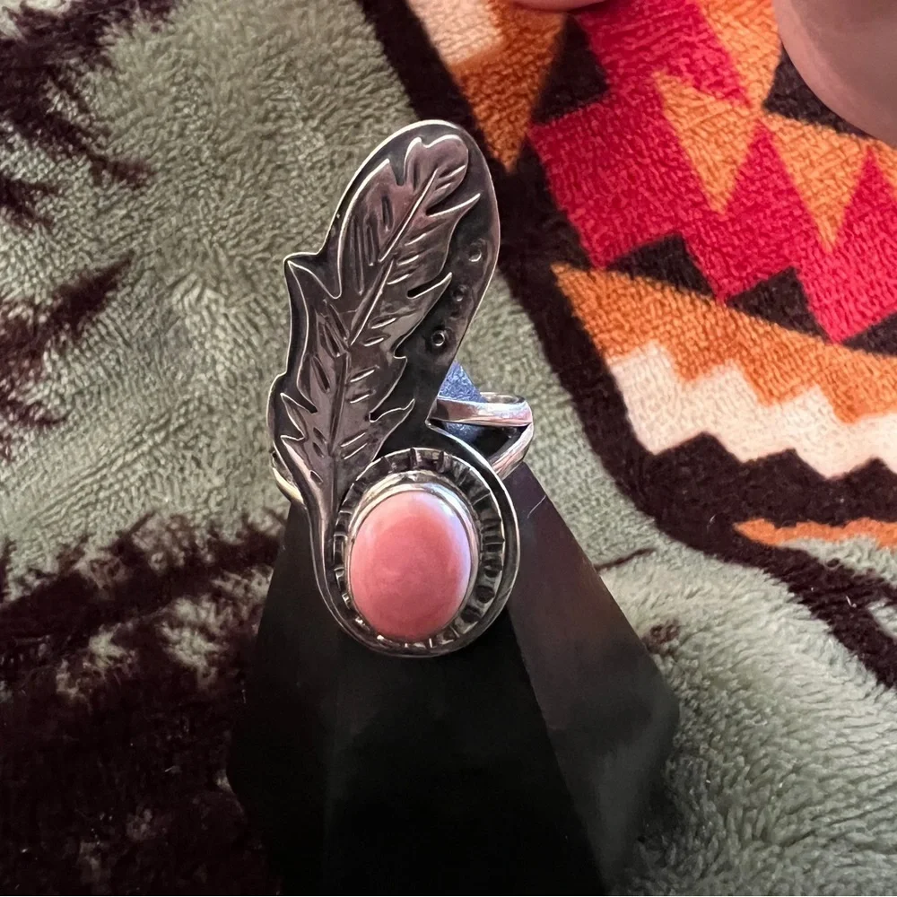 ❤️ Queen Pink Conch Feather Statement Ring 925 Sz 8.5 Southwest Native Influence